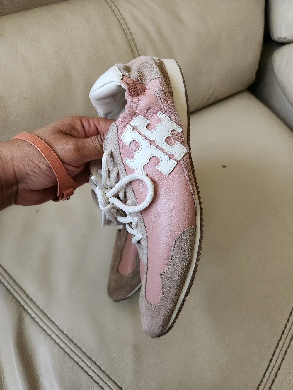 Tory Burch Pink Leather & Taupe Suede Logo Sneakers